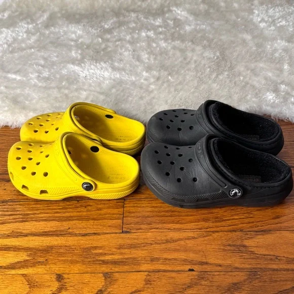 Kids Crocs Clogs Bundle Classic Yellow Lined Black Unisex Sz 12 - Picture 3 of 7